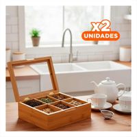 Pack2 Utilidad de Bambu con Tapa de Vidrio y 6 Divisiones para Casa Y+Papel Regalo