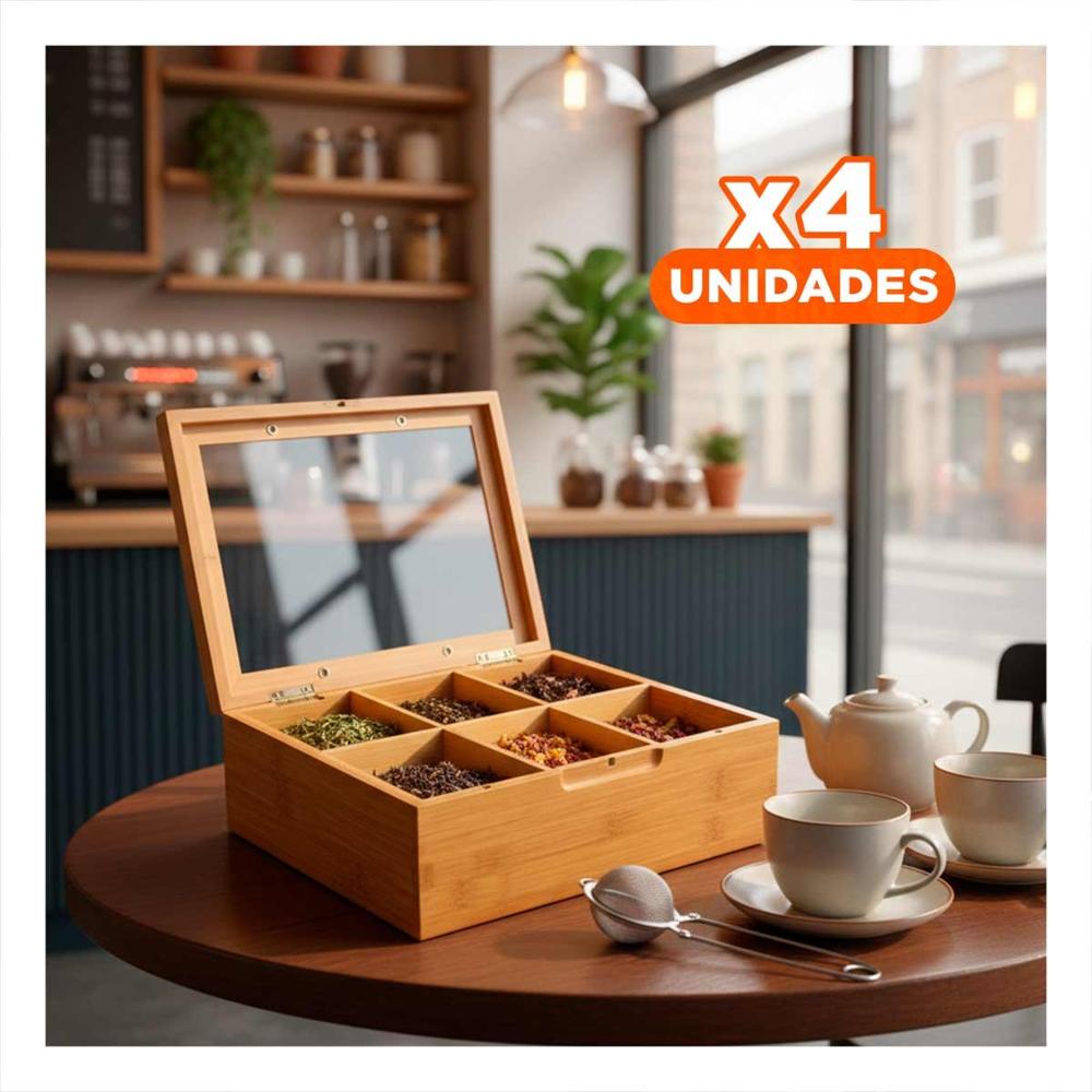 Pack4 Implemento de Bambu con Tapa de Vidrio y 6 Divisiones para Orden