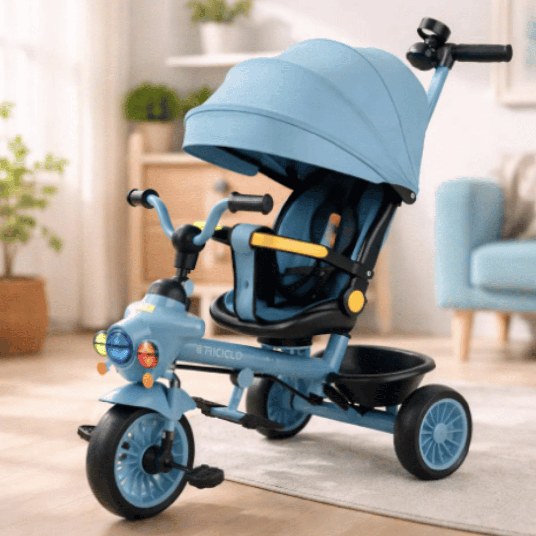 Triciclo para niños 2 en 1 azul con toldo luces sonido y asiento giratorio reclinable