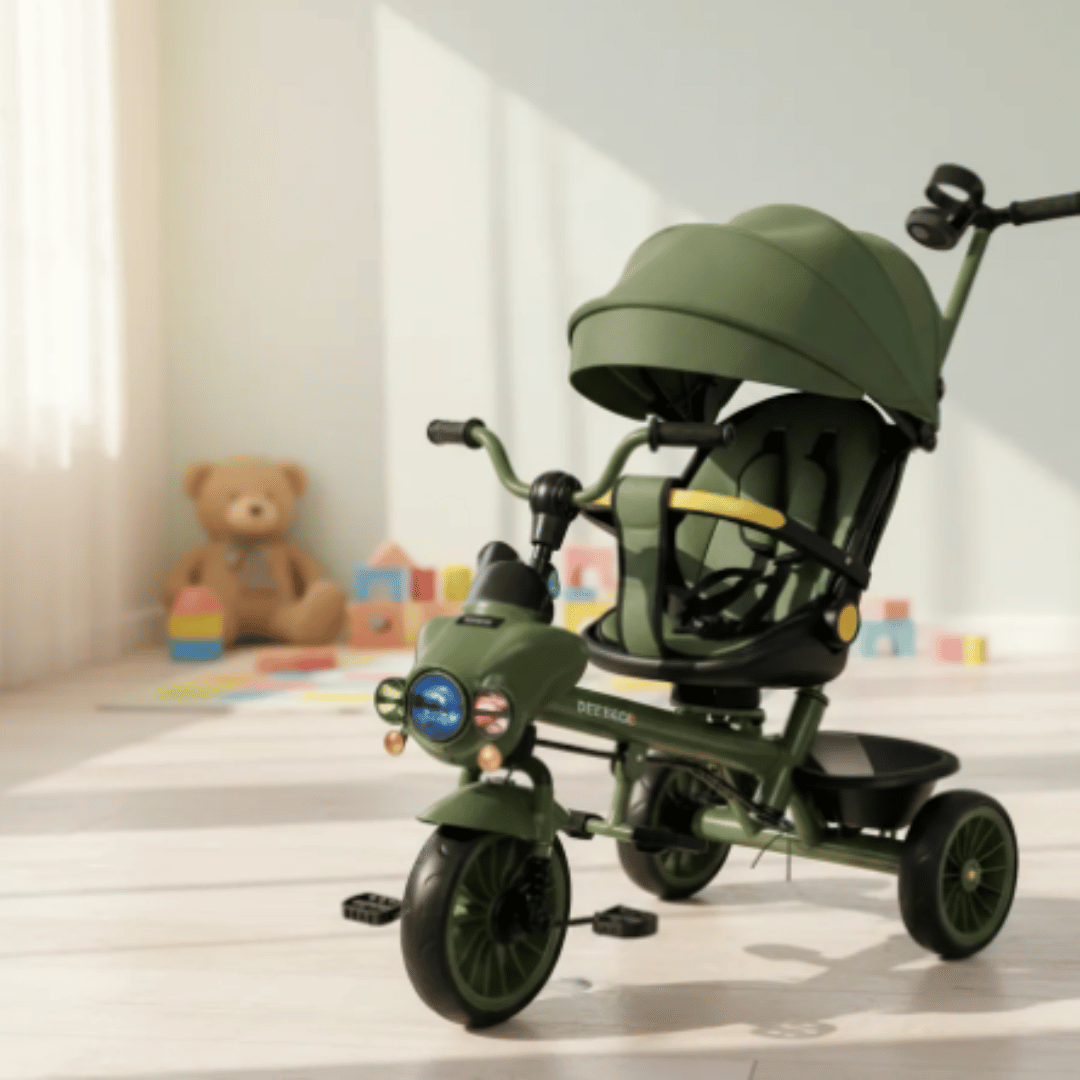 Triciclo para niños 2 en 1 verde con toldo luces sonido y asiento giratorio reclinable