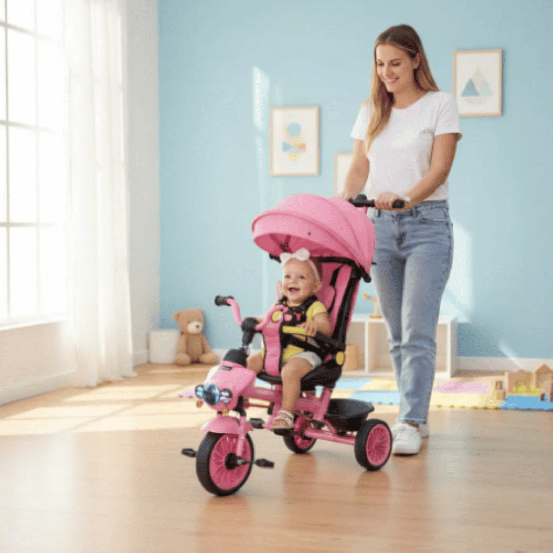 Triciclo para niños 2 en 1 rosado con toldo luces sonido y asiento giratorio reclinable