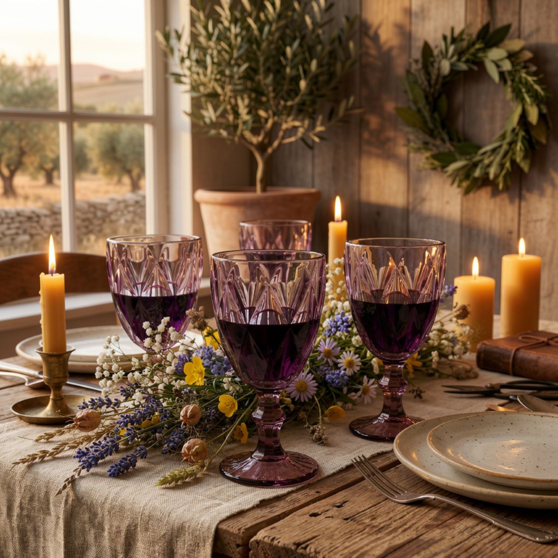 Copas Vintage Labradas de Vidrio Púrpura Elegancia para Vino o Agua