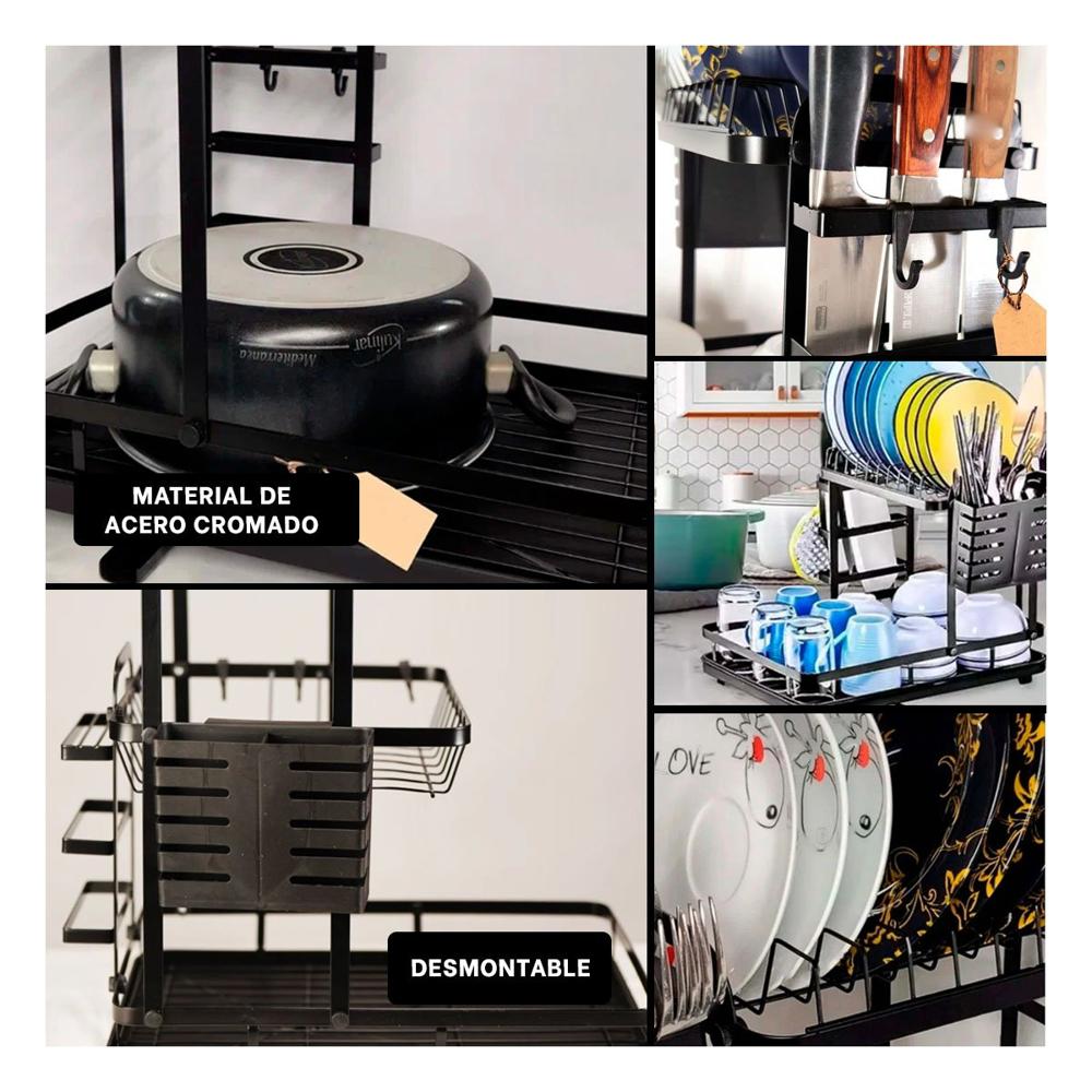 Organizador de Platos de 3 Niveles con Sistema de Drenaje Negro