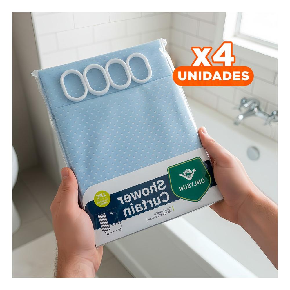 Pack4 Cortina funcional para Ducha con Patron Triangulos y Color Celeste 180x180 Y+Papel Regalo