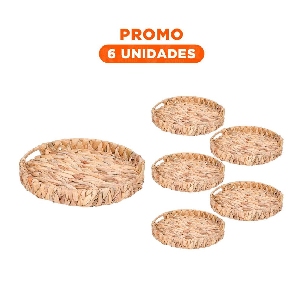Pack6 Recipiente tejida circular con asas Grass 32x4cm tono mostaza para almacenamiento en casa