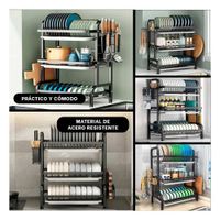 Organizador de Platos de 3 Niveles con Soporte para Utensilios Negro
