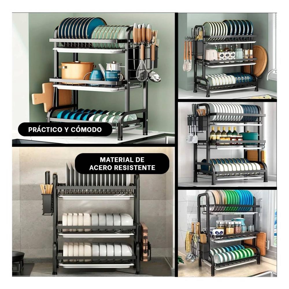 Organizador de Platos de 3 Niveles con Soporte para Utensilios Negro