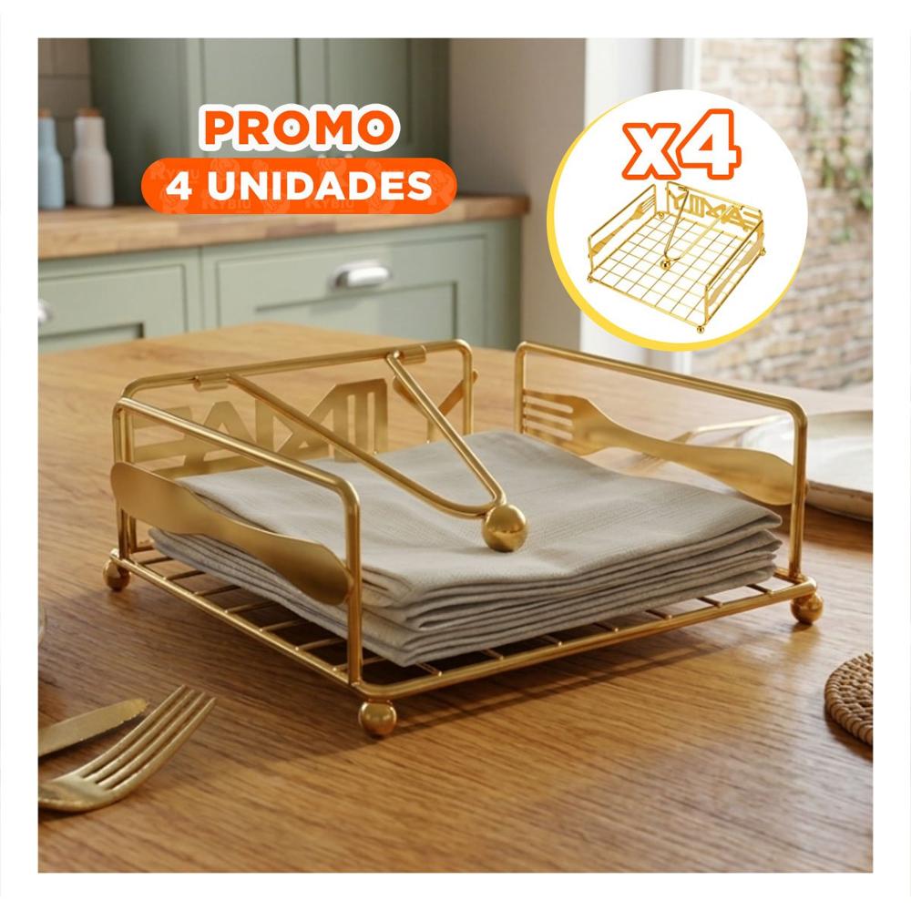 Pack4 Dispensador Servilletas Metal Dorado con Brazo para Cocina y Mesa