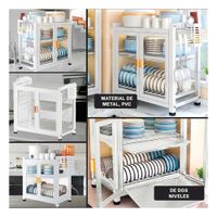 Organizador de Platos con Puertas de 2 Niveles y Bandejas Blanco