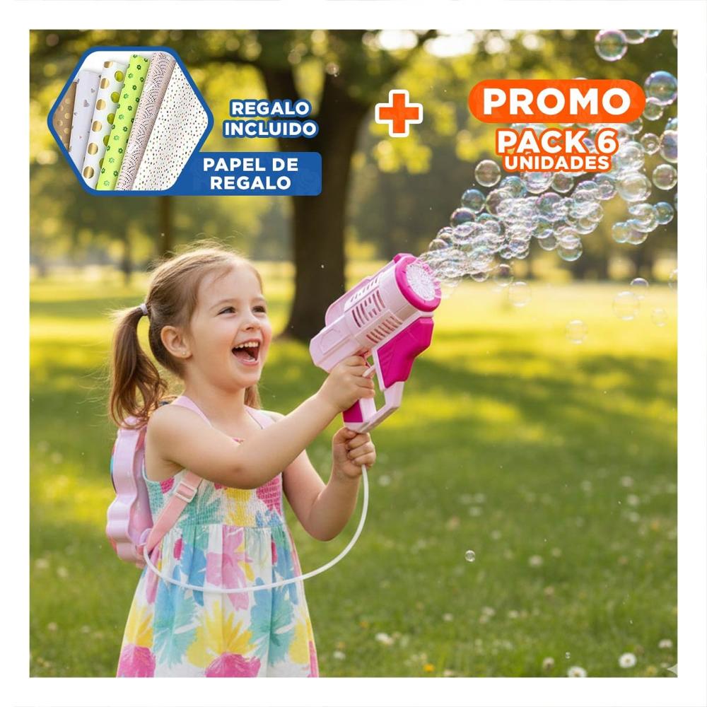 Pack6 Lanzador de Burbujas con Mochila Portatil para Espacios Abiertos Y+Papel Regalo