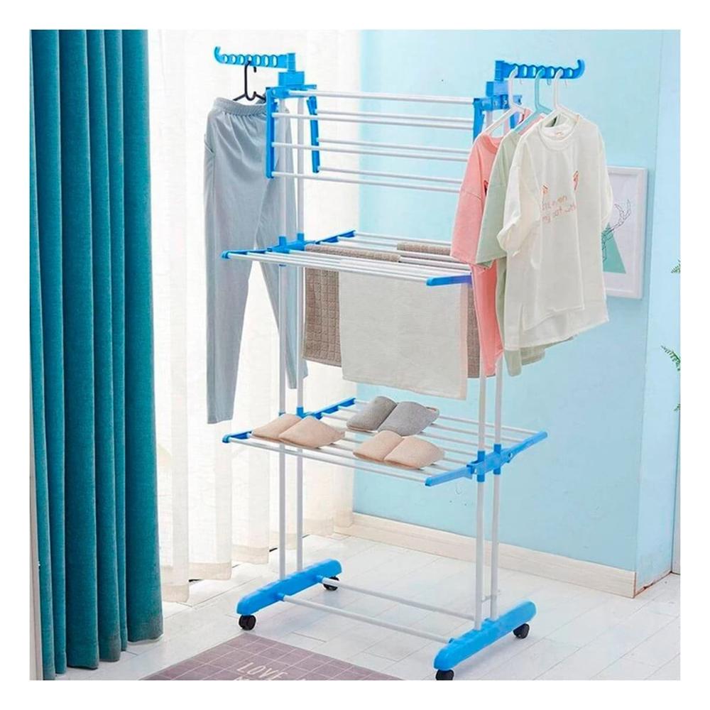 Sistema Plegable de Tres Niveles creado para Secar Ropa de Manera Practica en Celeste