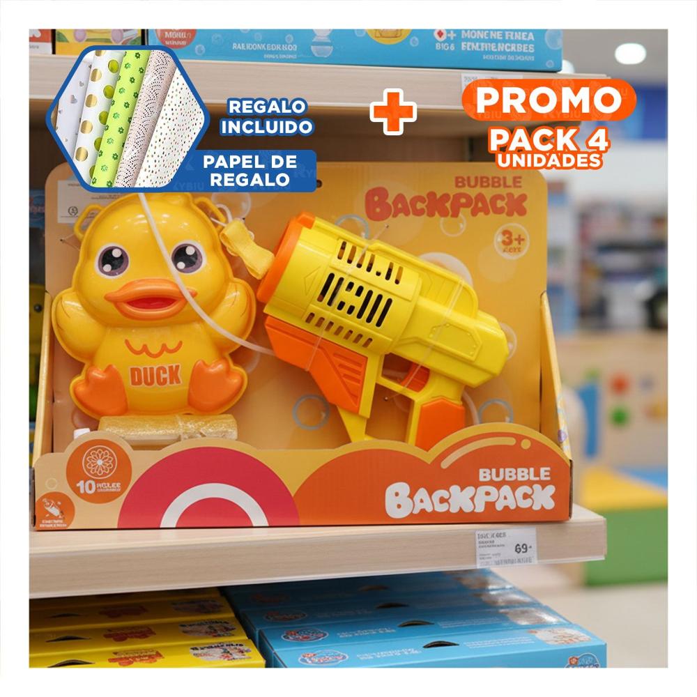 Pack4 Modelo de Burbujas con Mochila Portatil Pato Amarillo para Juegos Y+Papel Regalo