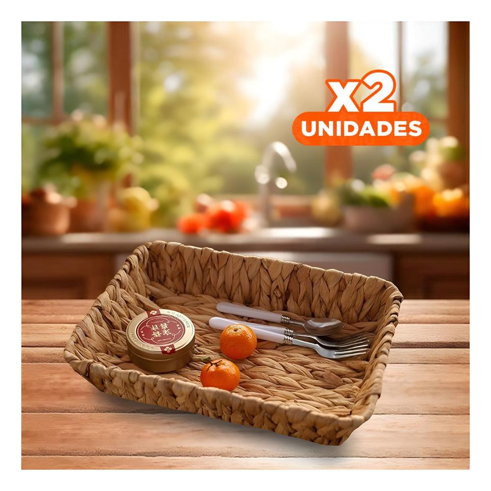 Pack2 Cesta Tejida Rectangular Grass 36x28x6cm Mostaza Para Guardar Objetos Y+Papel Regalo