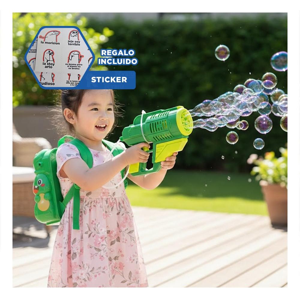 Lanzador de burbujas con mochila portatil dinosaurio verde para espacios Y+Regalo Sticker