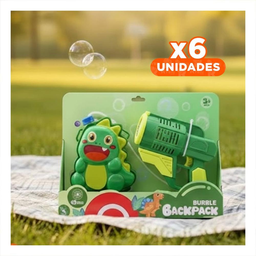 Pack6 Maquina de burbujas con mochila portatil dinosaurio verde para familia Y+Regalo Sticker
