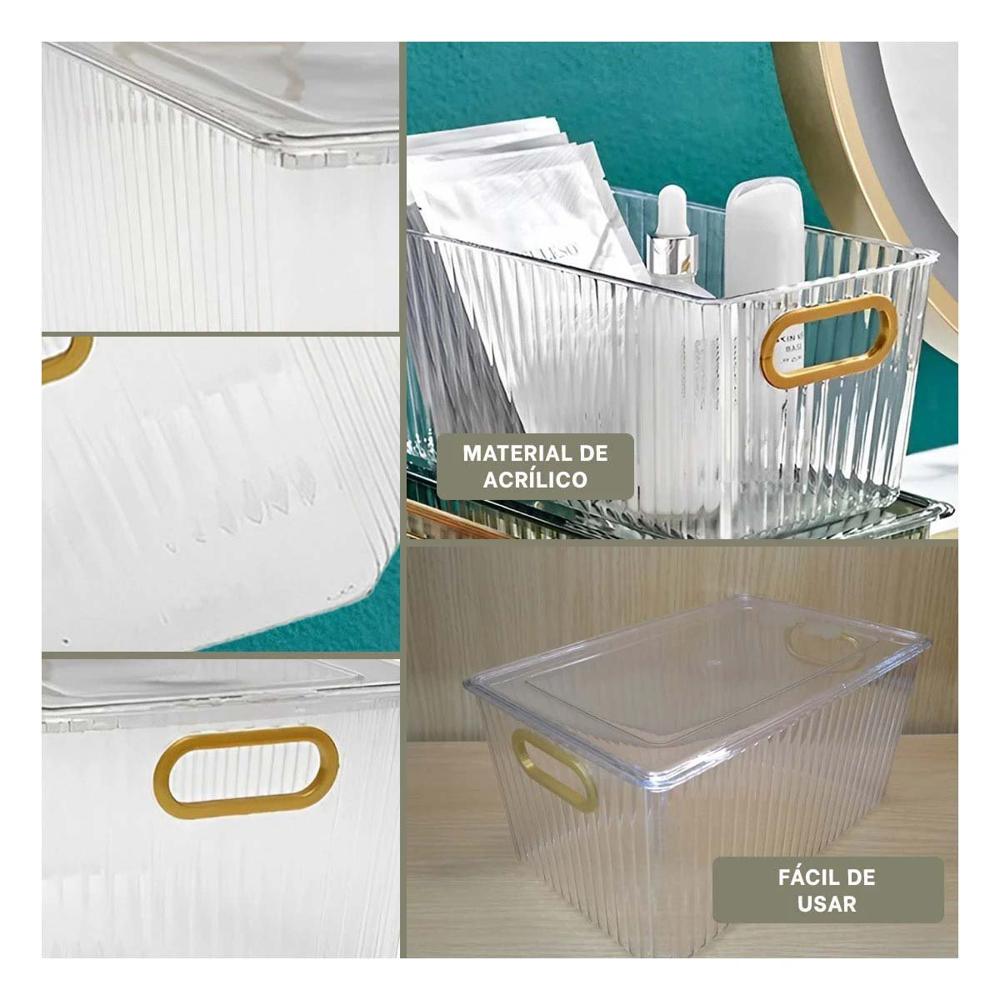 Bandejita de Acrilico Rectangular con Tapa y Asas Doradas Apilable Para Postres