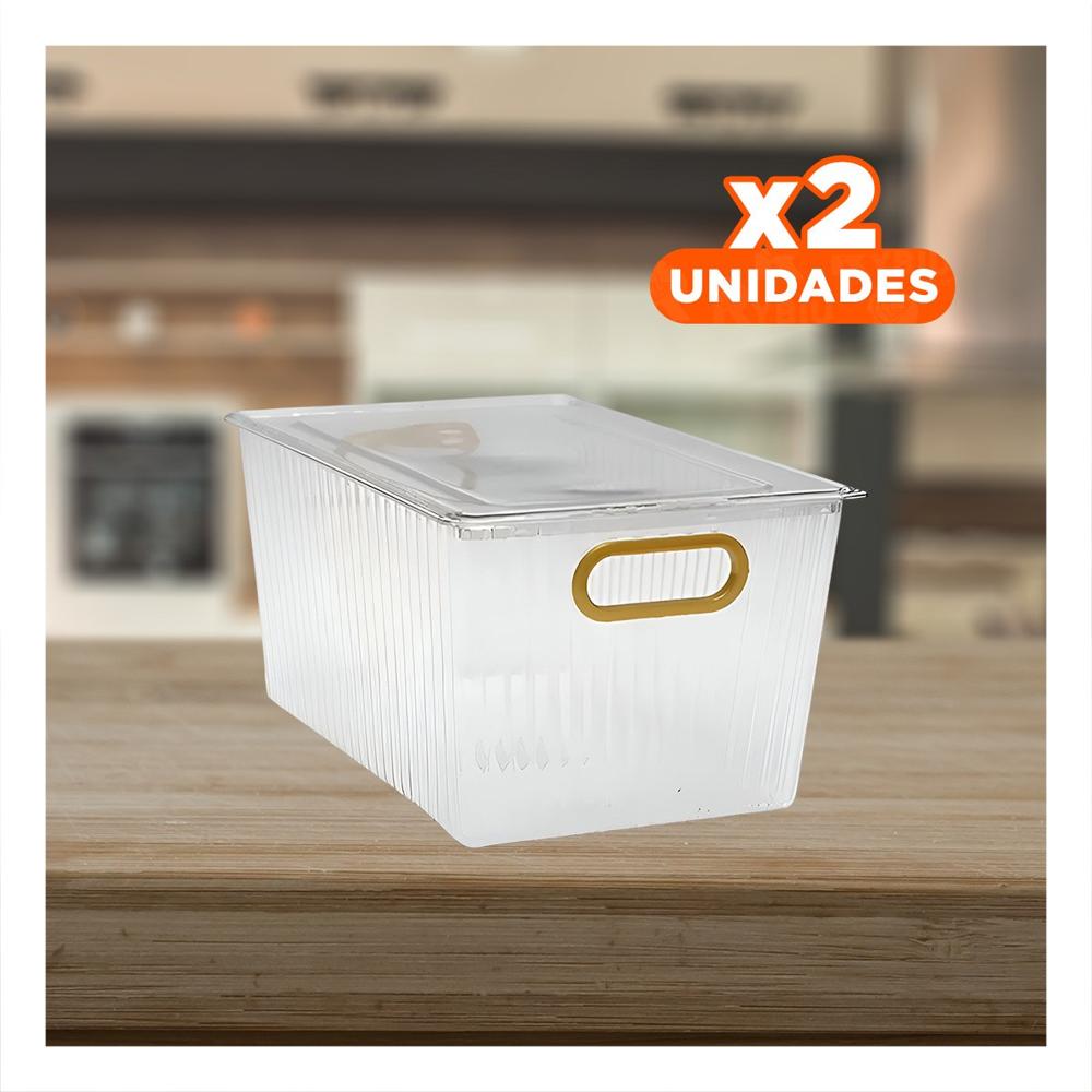 Pack2 Contenedor de Acrilico Rectangular con Tapa y Asas Doradas Apilable Y+Papel Regalo