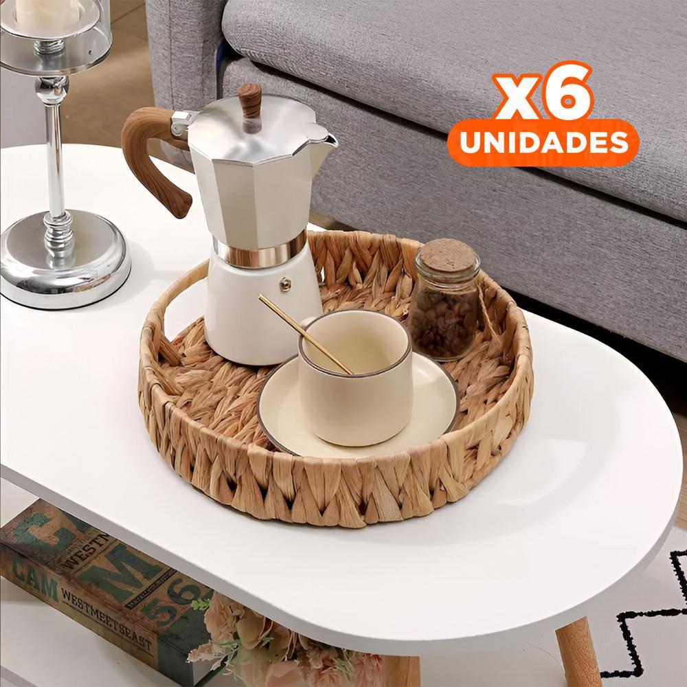 Pack6 Panera Redonda Tejida Con Asas Grass 30x4cm Mostaza Para Uso Casa Y+Papel Regalo