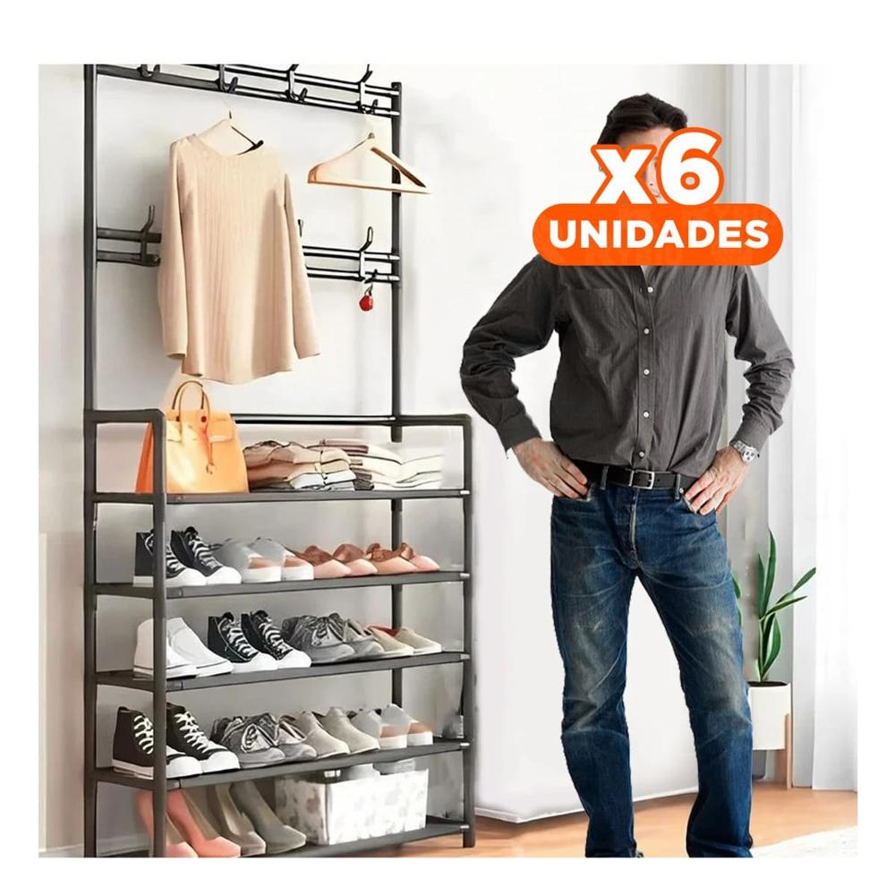 Pack6 Zapatera con percheros recto negro para organizacion en dormitorio Y+Regalo Sticker