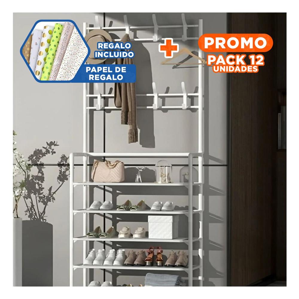 Pack12 Base Funcional Zapatero con Percheros Recto Blanco para Dormitorio Y+Papel Regalo