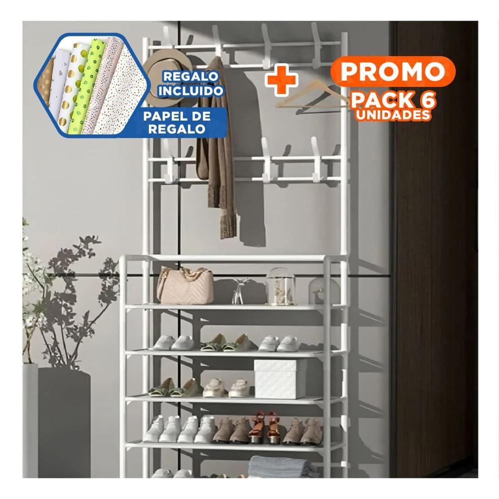 Pack6 Modulo Funcional Zapatero con Percheros Recto Blanco para Hogar Y+Papel Regalo