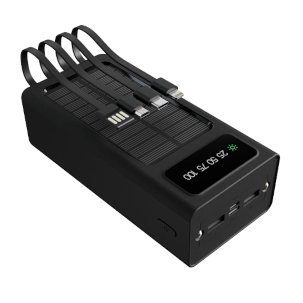 XTECH Banco de Energía Solar 30000mAh con Cables Integrados USB-C Lightning XPB-300