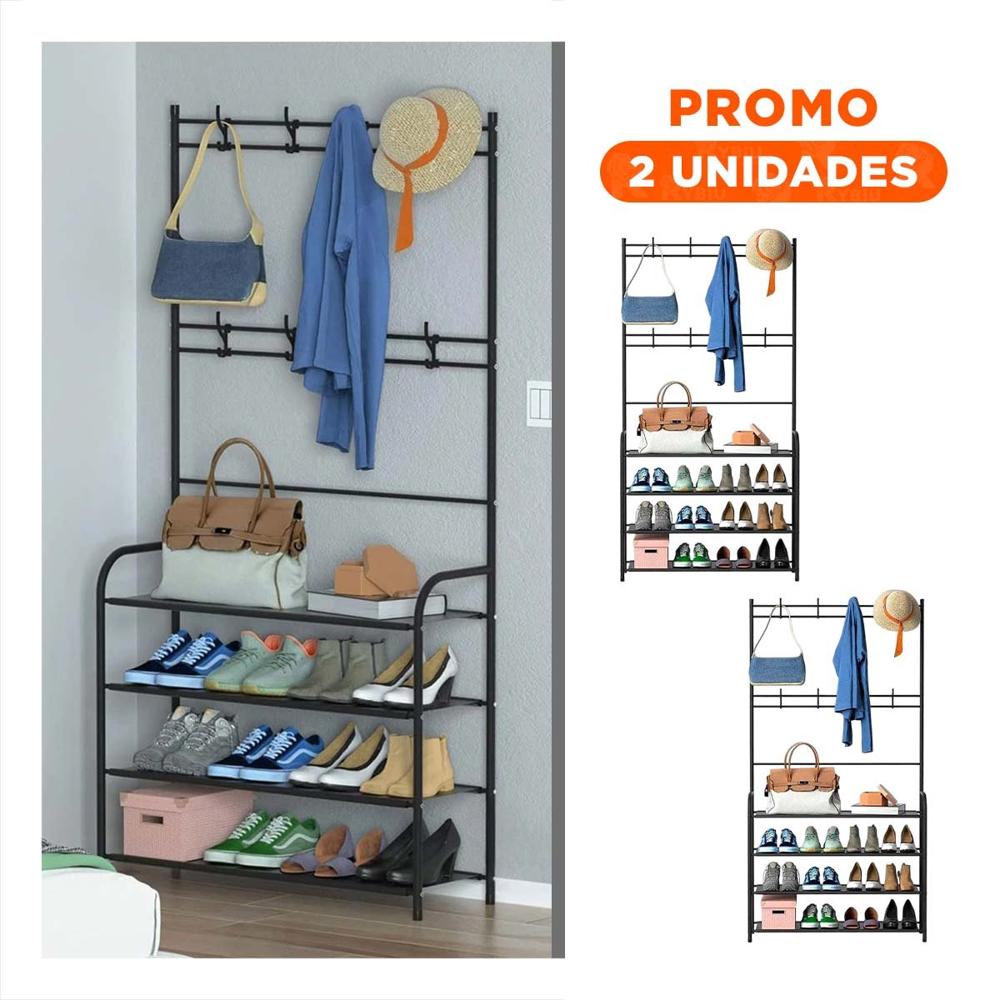 Pack2 Zapatera Curva con Percheros Color Negro para Organizar Calzado y Ropa
