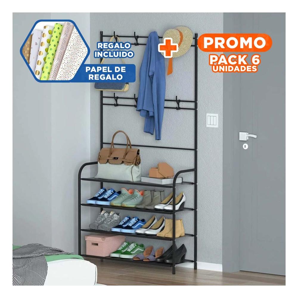 Pack6 Estante con Zapatera Curva y Percheros Negro para Dormitorio o Sala Y+Papel Regalo
