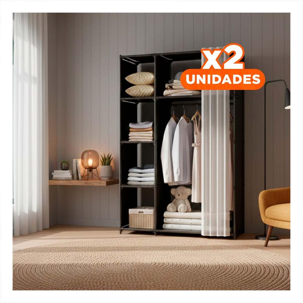 Pack2 Estante Compacto de Ropa con Cortina Negro Abierto para Casa y Cuartos Y+Papel Regalo