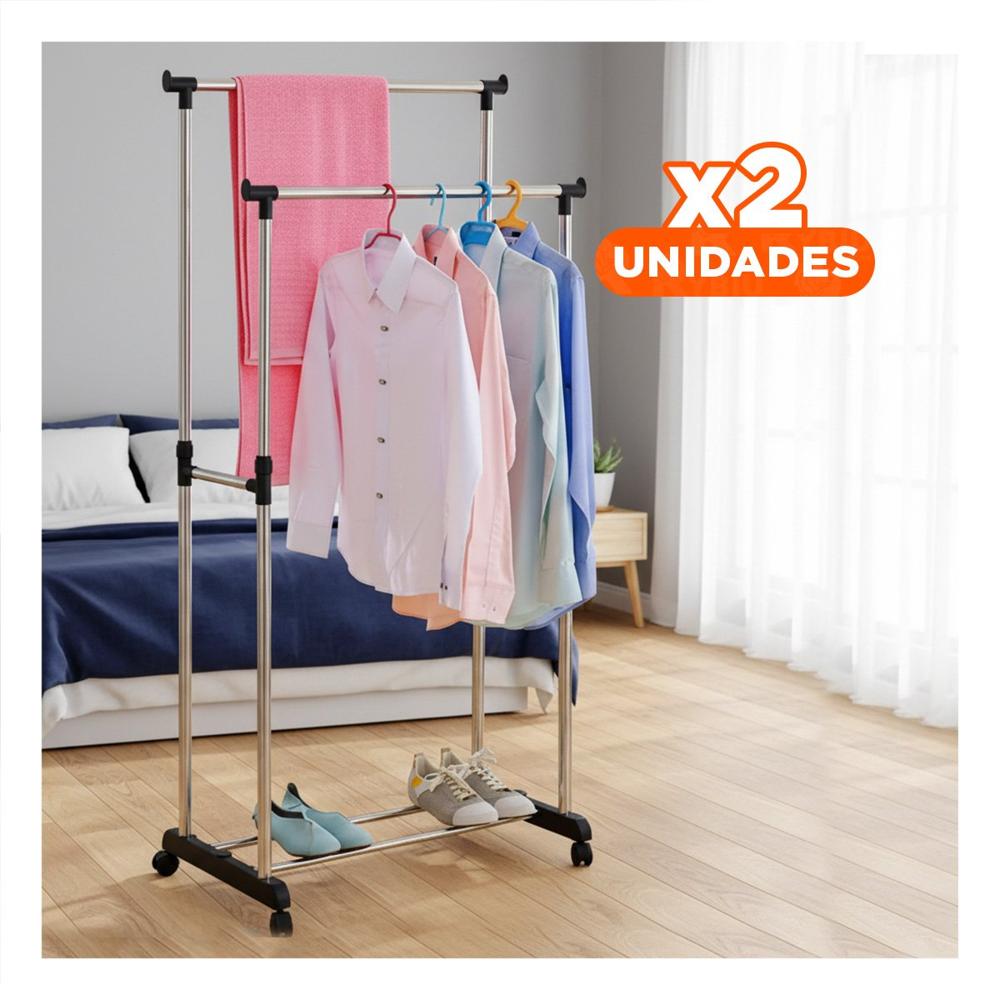 Pack2 Estacion Colgador Doble de Ropa Barra Pequena Plateado Facil Montaje Y+Papel Regalo