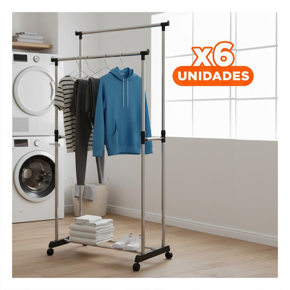 Pack6 Base Colgador Doble de Ropa Barra Pequena Plateado Diseno Compacto Y+Papel Regalo