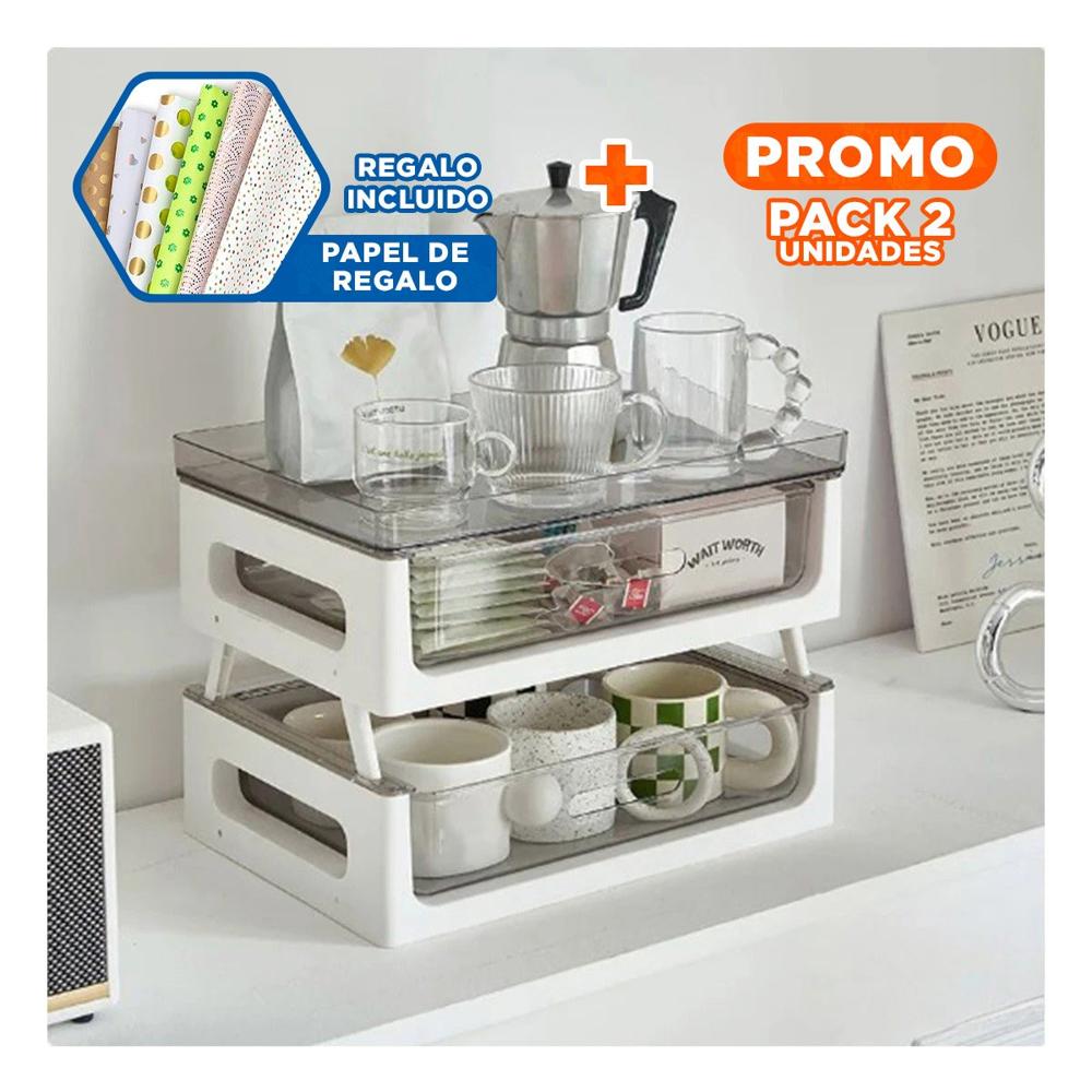 Pack2 Unidad Compacta de 2 Niveles para Te y Tazas para Ordenar 39.5x27x23.5cm Y+Papel Regalo