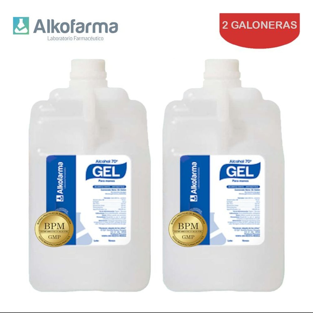 Alcohol en gel 70° galón 4 litros ALKOFARMA. Pack 2 galoneras Alcohol en gel 70° galón 4 litros ALKOFARMA. Pack 2 galoneras