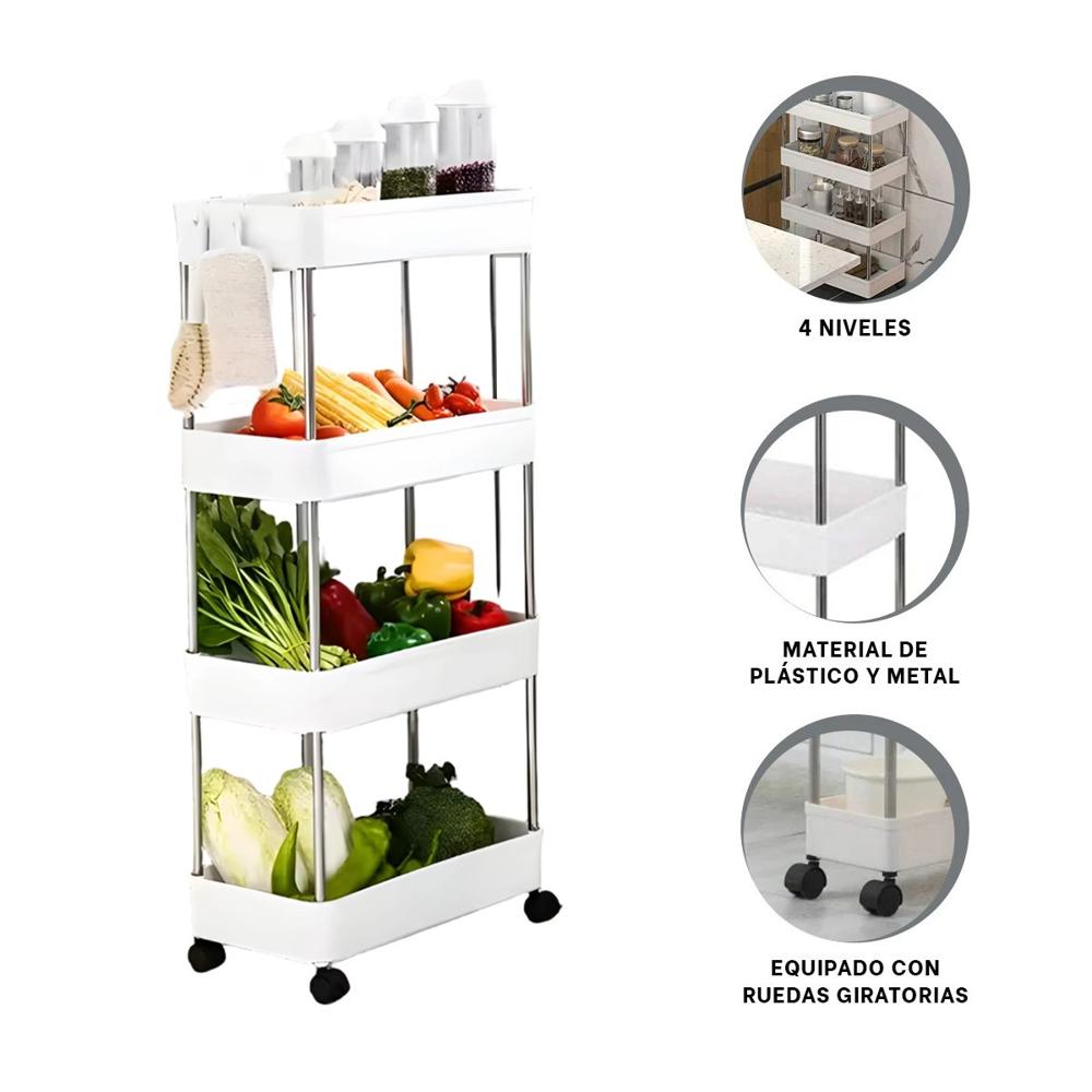 Soporte Auxiliar de Cocina 4 Niveles con ruedas Delgado Blanco 90 X 13 X 40 Cm Y+Ligas Regalo Soporte Auxiliar de Cocina 4 Niveles con ruedas Delgado Blanco 90 X 13 X 40 Cm Y+Ligas Regalo