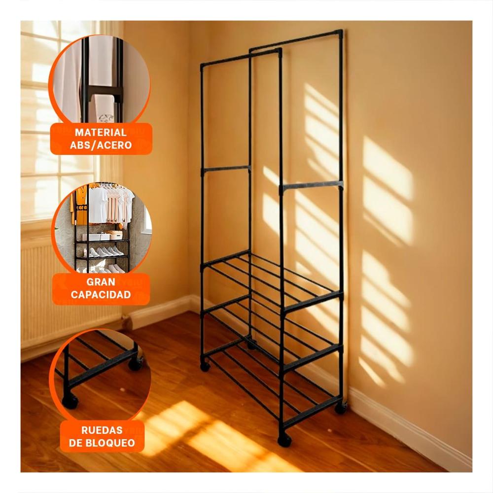 Estanteria Zapatera 3 Niveles con Perchera Doble Facil de Usar Negro Y+Post It