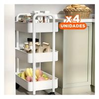 Pack4 Carrito Auxiliar 3 Niveles con Ruedas y Asas en Plastico Blanco Casa