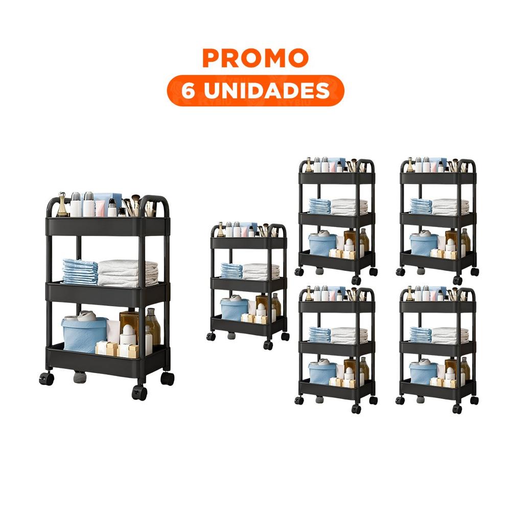 Pack6 Portaobjetos Movil 3 Niveles con Ruedas y Asas para Organizacion del Hogar Negro Pack6 Portaobjetos Movil 3 Niveles con Ruedas y Asas para Organizacion del Hogar Negro