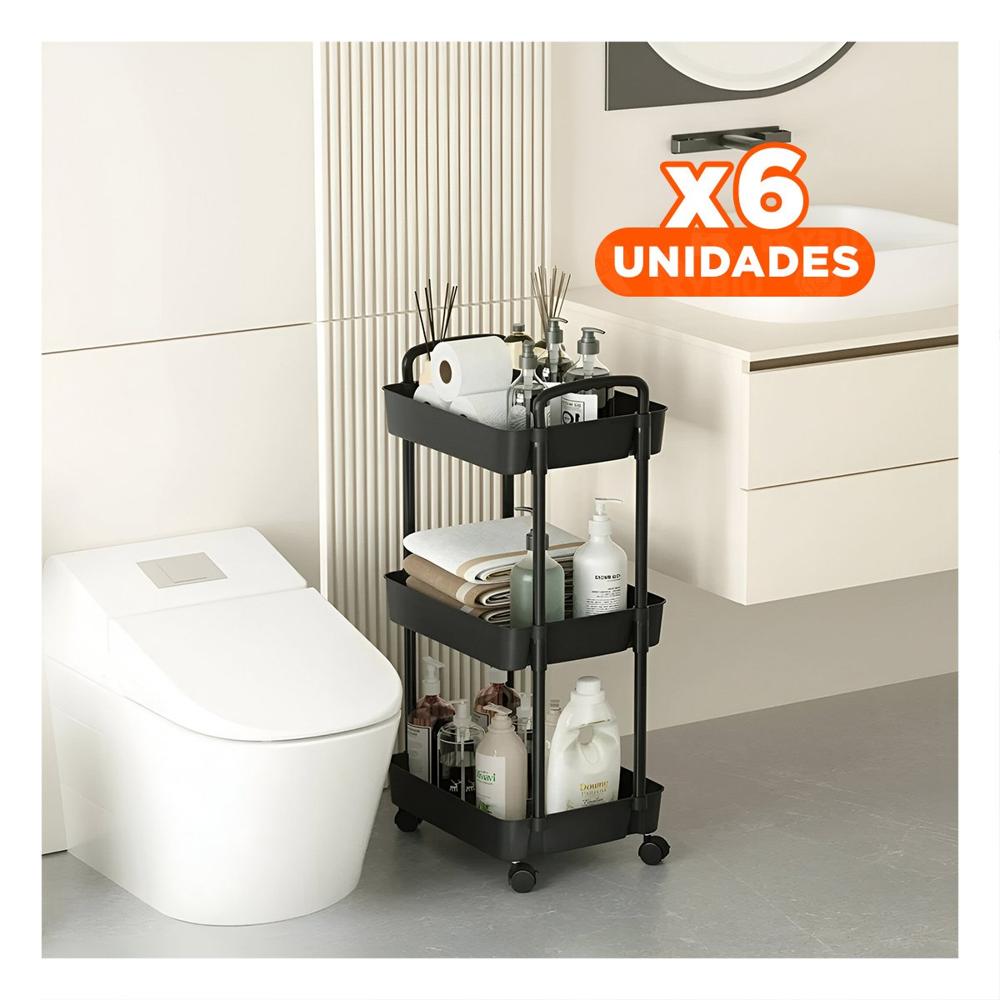 Pack6 Portaobjetos Auxiliar con Ruedas 3 Niveles y Asas para Casa Plastico Negro Y+Papel Regalo Pack6 Portaobjetos Auxiliar con Ruedas 3 Niveles y Asas para Casa Plastico Negro Y+Papel Regalo