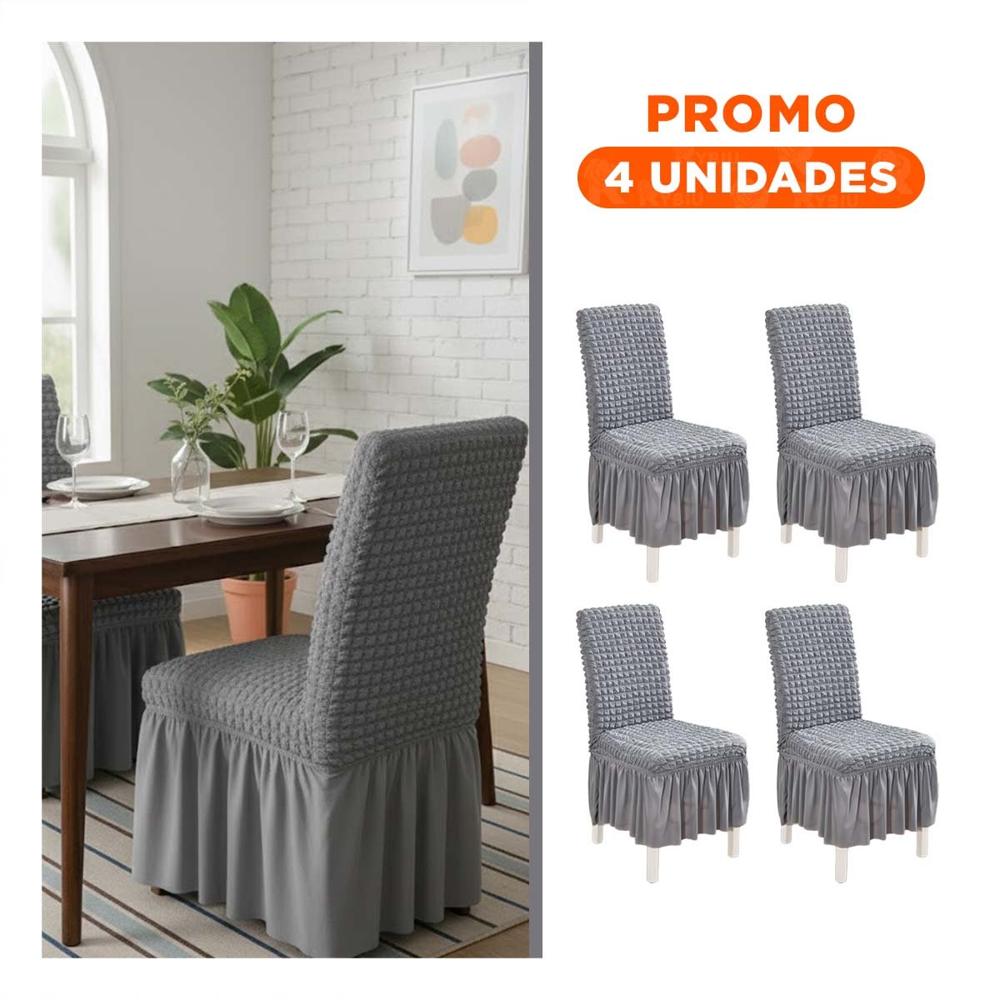 Pack4 Forro para Silla Color Plomo Elastica con Patron Texturizado Cuadrado Y+Regalo Sticker