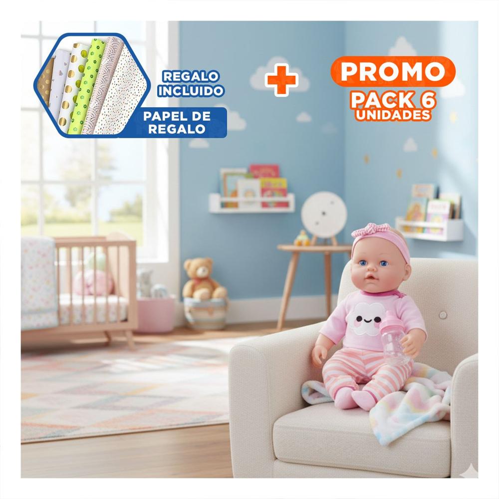 Pack6 Muneca Dulce Rosada con Chompa Nube y Pantalon Rayas para Bebe en Hogar Y+Papel Regalo