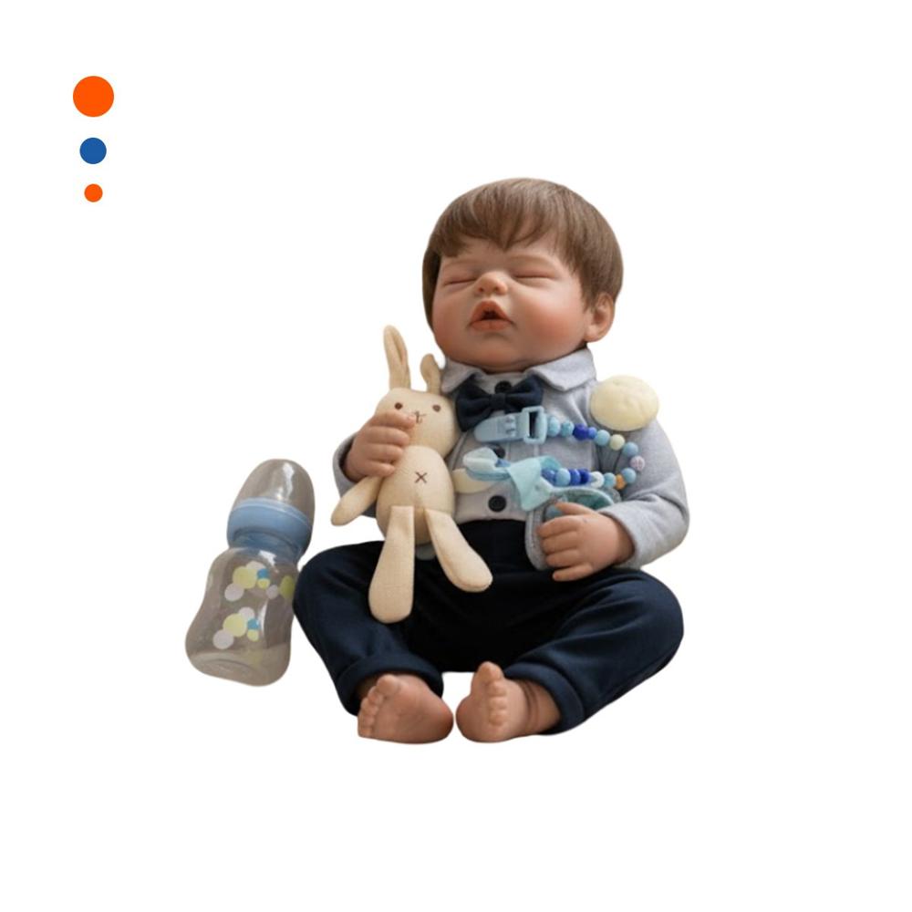 Recien Nacido Sintetico 48cm con ropa formal Plomo y Azul Noche Afecto Y+Papel Regalo