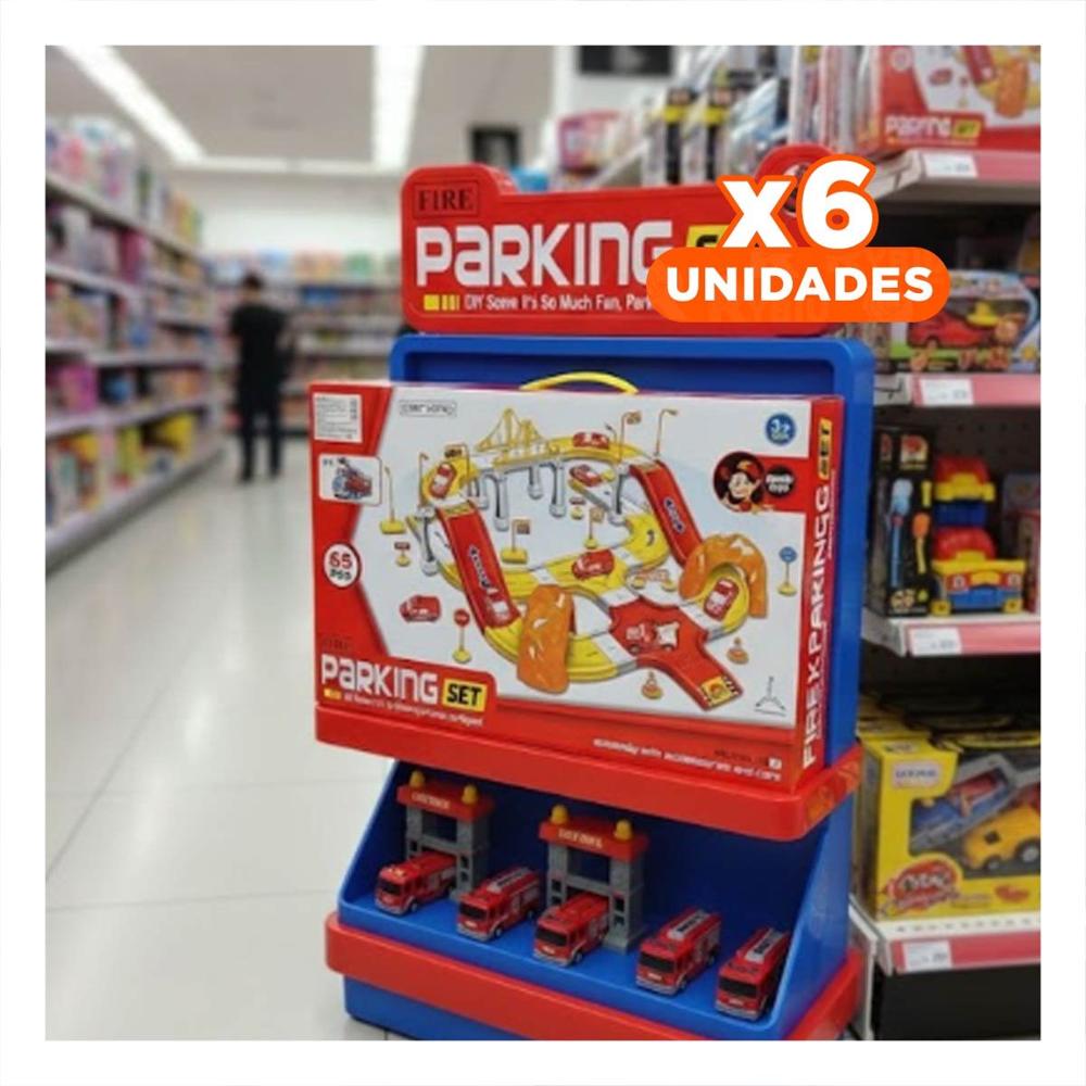 Pack6 Estacionamiento de Juguete con Carritos Emergencia 46x52cm Rojo Amarillo Y+Regalo Sticker