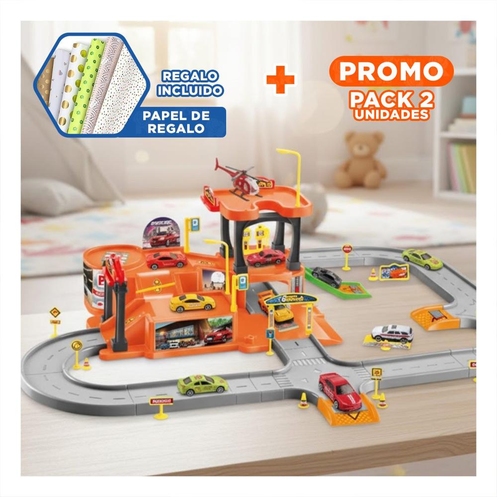 Pack2 Zona Infantil con Carritos y Estacionamiento 69x56cm Naranja Plomo Y+Papel Regalo