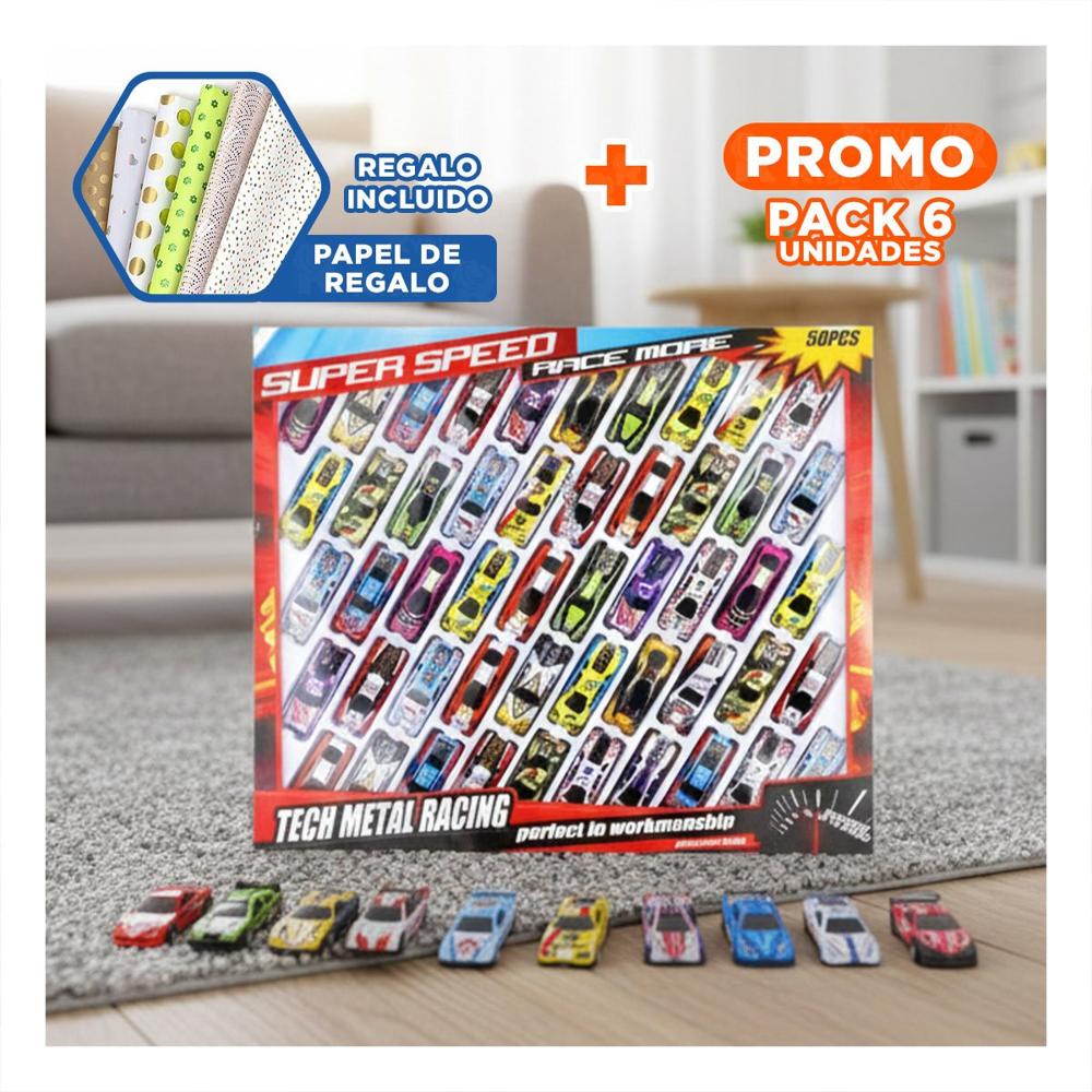 Pack6 Nucleo 50 Carritos de Metal para Juego Tematico y Coleccion en Casa Y+Papel Regalo