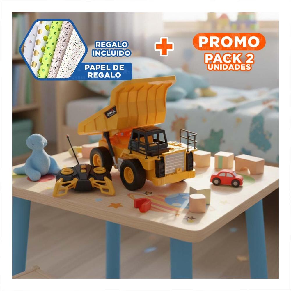 Pack2 Equipo Infantil Volquete a Control Remoto Amarillo de Construccion Y+Papel Regalo