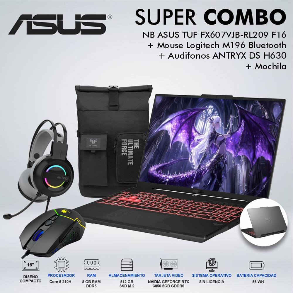 LAPTOP GAMING TUF FX607VJB-RL209 F16 16'' CORE 5 210H MEMORIA 8GB DDR5 DISCO 512GB SSD M2