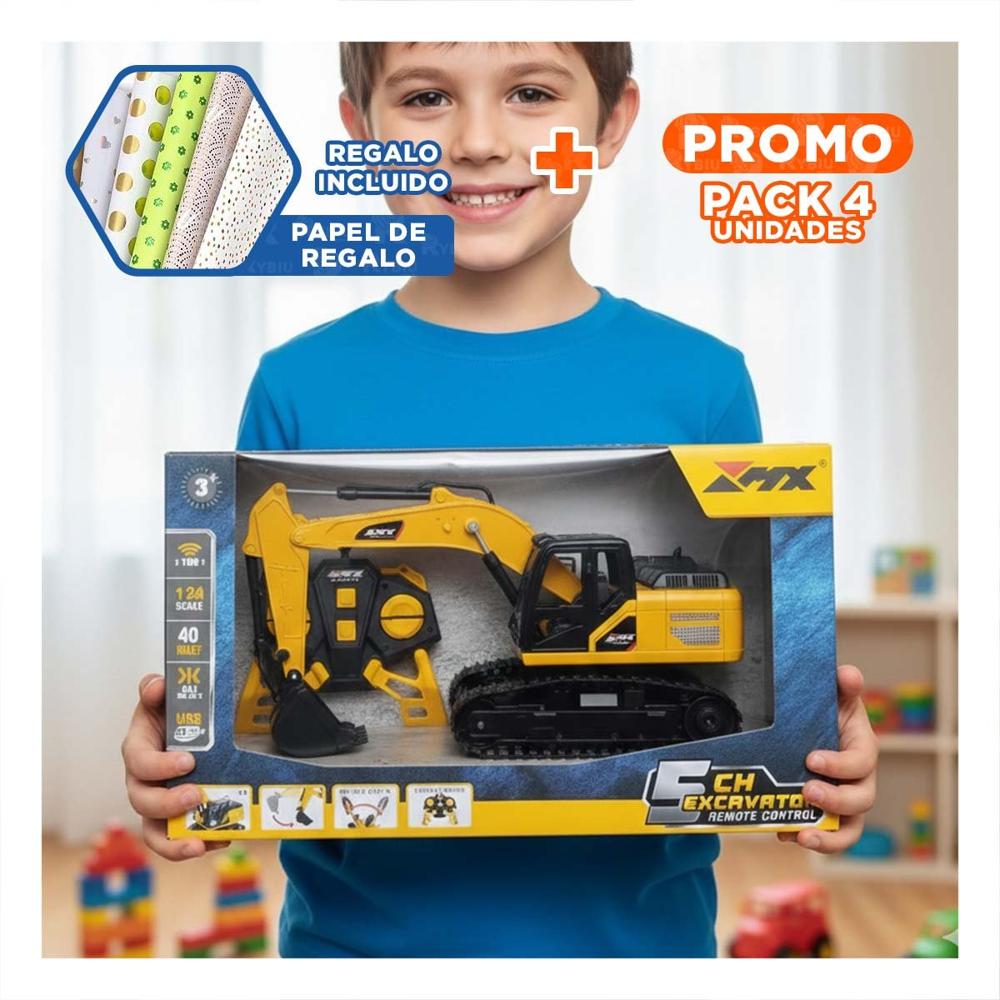Pack4 Juguete de Ingenieria Excavadora a Control Remoto Brazo Largo Amarillo Y+Papel Regalo