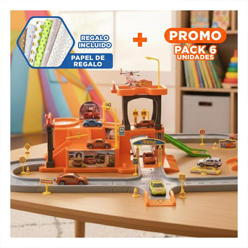Pack6 Sistema de Juego con Carritos y Estacionamiento 69x56cm Naranja Plomo Y+Papel Regalo