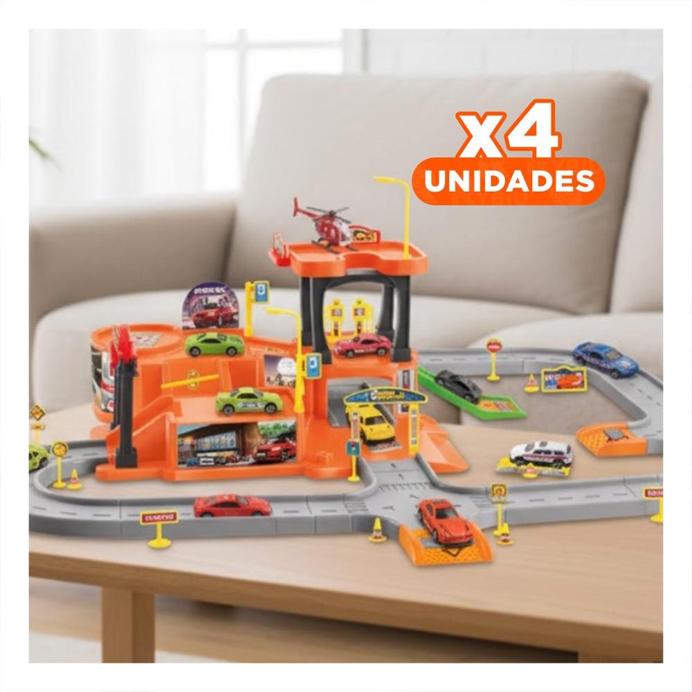 Pack4 Modulo de Juego para Ninos con Estacionamiento de Carritos 69x56cm Naranja Plomo