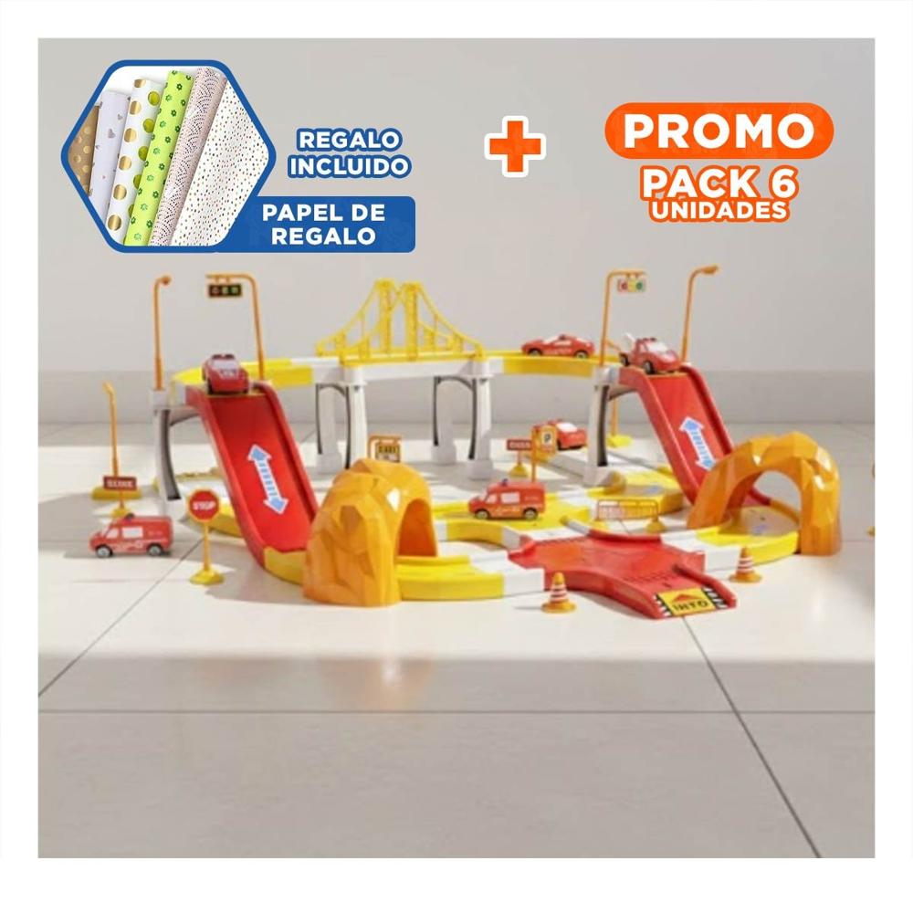 Pack6 EstacionamientoTipo Ciudad con Carritos Emergencia 46x52cm Rojo Amarillo Y+Papel Regalo